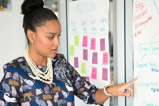 Woman planning on a whiteboard to avoid work-related issues